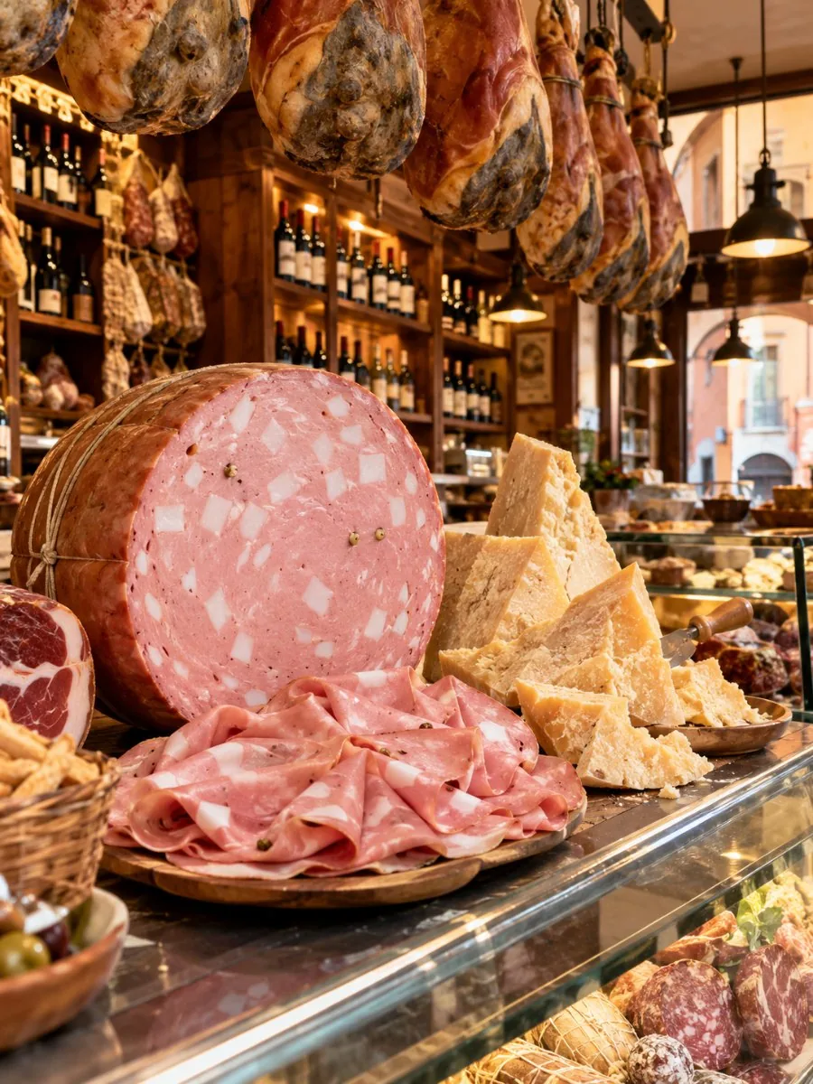 Ein Feinkosttresen in Bologna mit einer ganzen mortadella, Parmigiano-Keilchen und aufgehängten Schinken