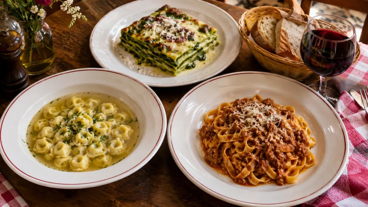 Ein Trattoria-Tisch in Bologna mit tortellini in brodo, tagliatelle al ragù und lasagne verdi