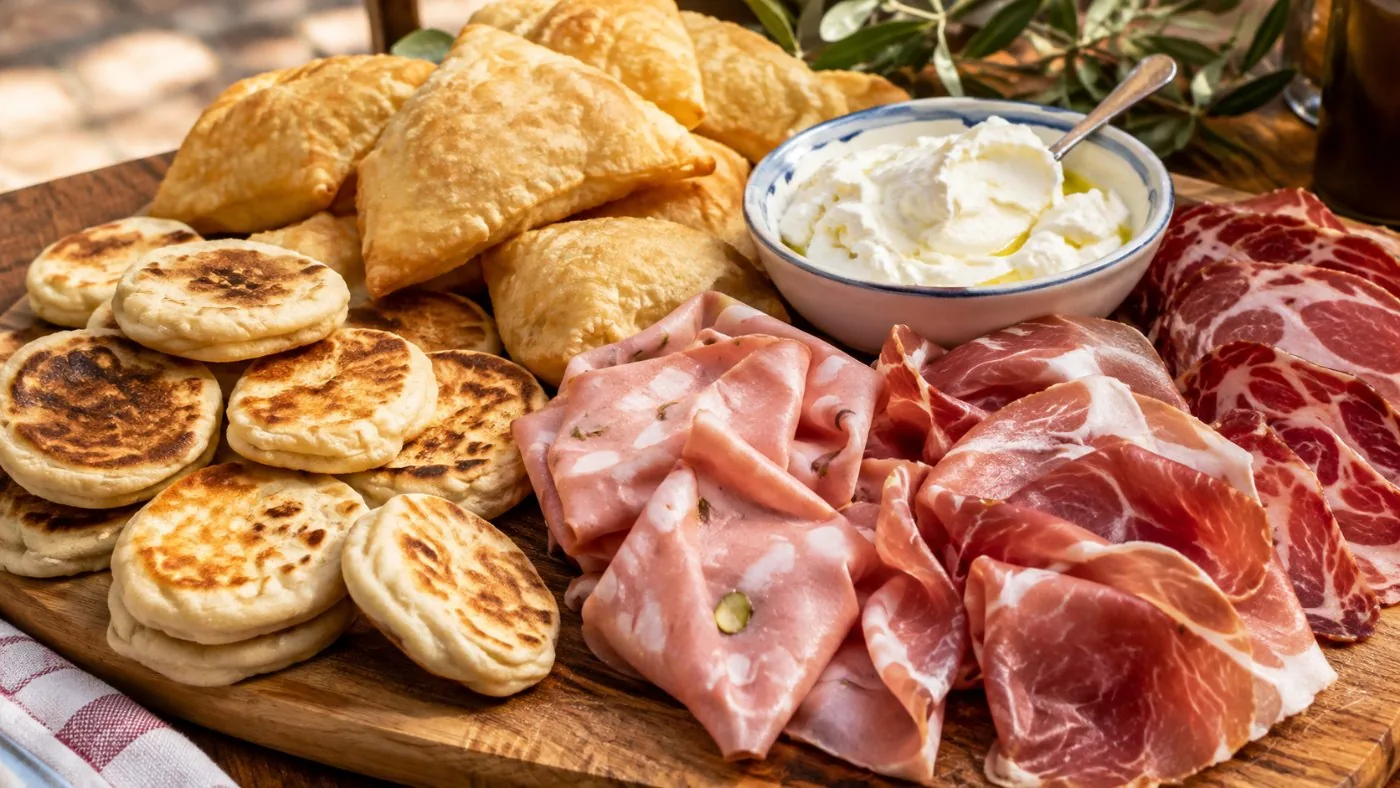 Tigelle and crescentine on a board with salumi and squacquerone