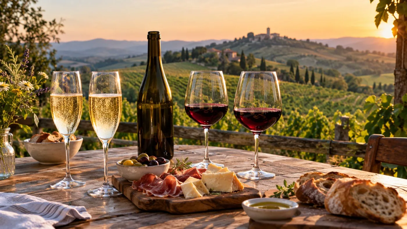 Gläser mit Pignoletto und Rotwein an einem Verkostungstisch in einem Weingut der Colli Bolognesi